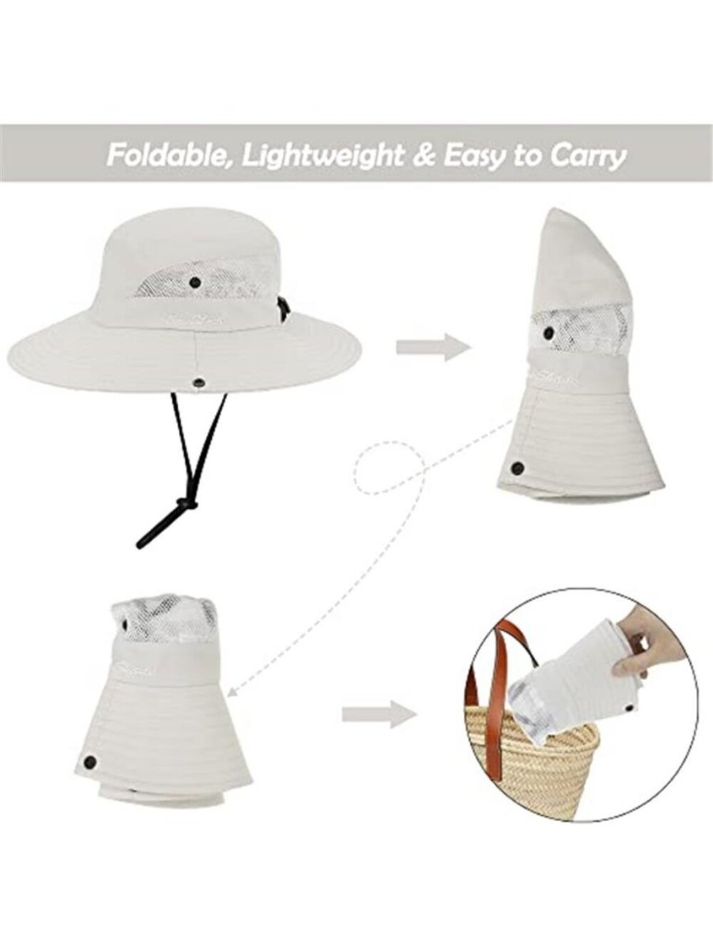 Beige Wide Brim Sun Hat Women UV Protection Ponytail Beach Fishing Hat - Picture 6 of 7